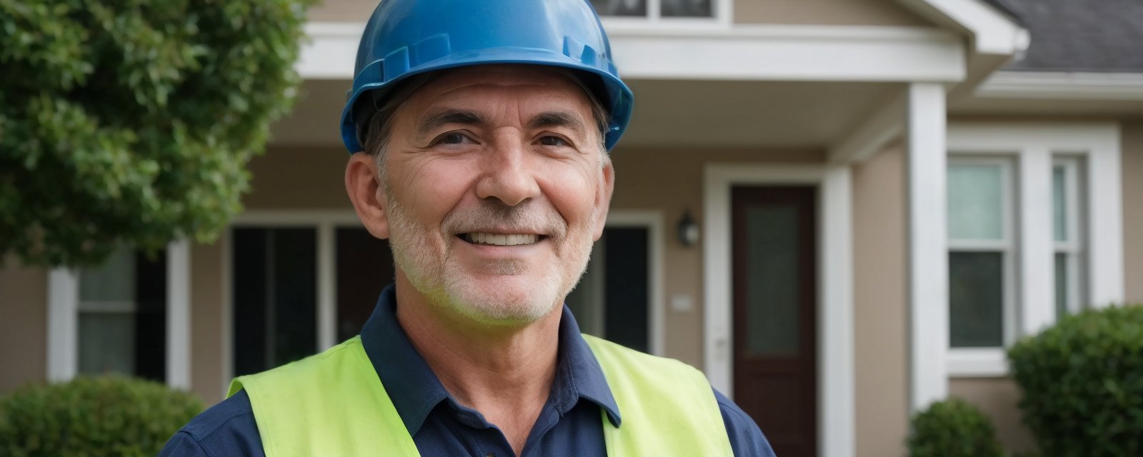 Plumber Wearing a Hat in front of customers home